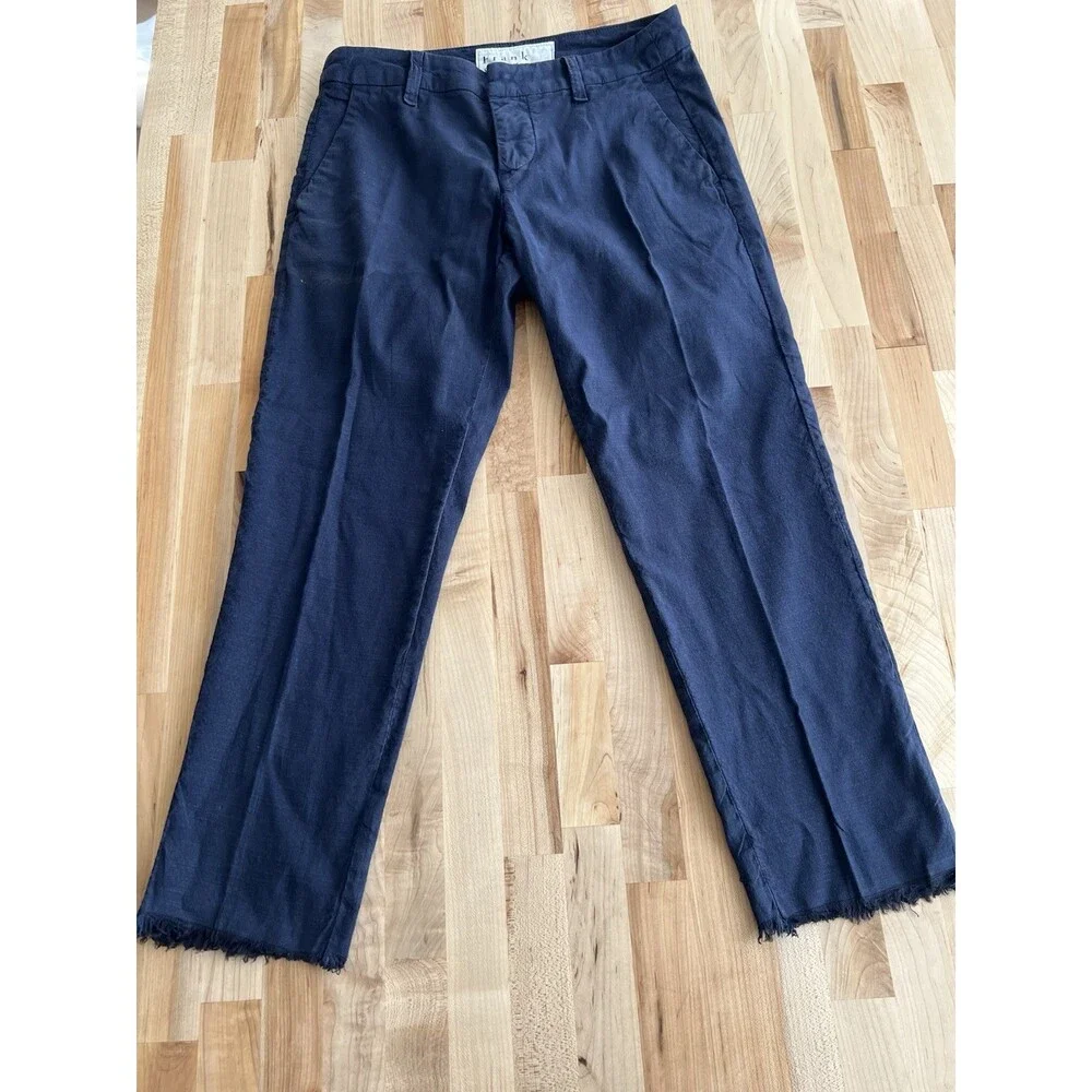 Frank & Eileen Wicklow Pants Straight Cut Cropped Raw Hem Stretch Navy Size 2